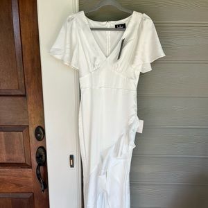 Lulu’s Eternal Bond White Satin Ruffled Flutter Sleeve Maxi Dress. Size XS.
